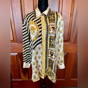 PAOLO SANTINI 100% Silk Blouse Sz 14 Artsy Fleur De Lis Greek God Apollo gold
